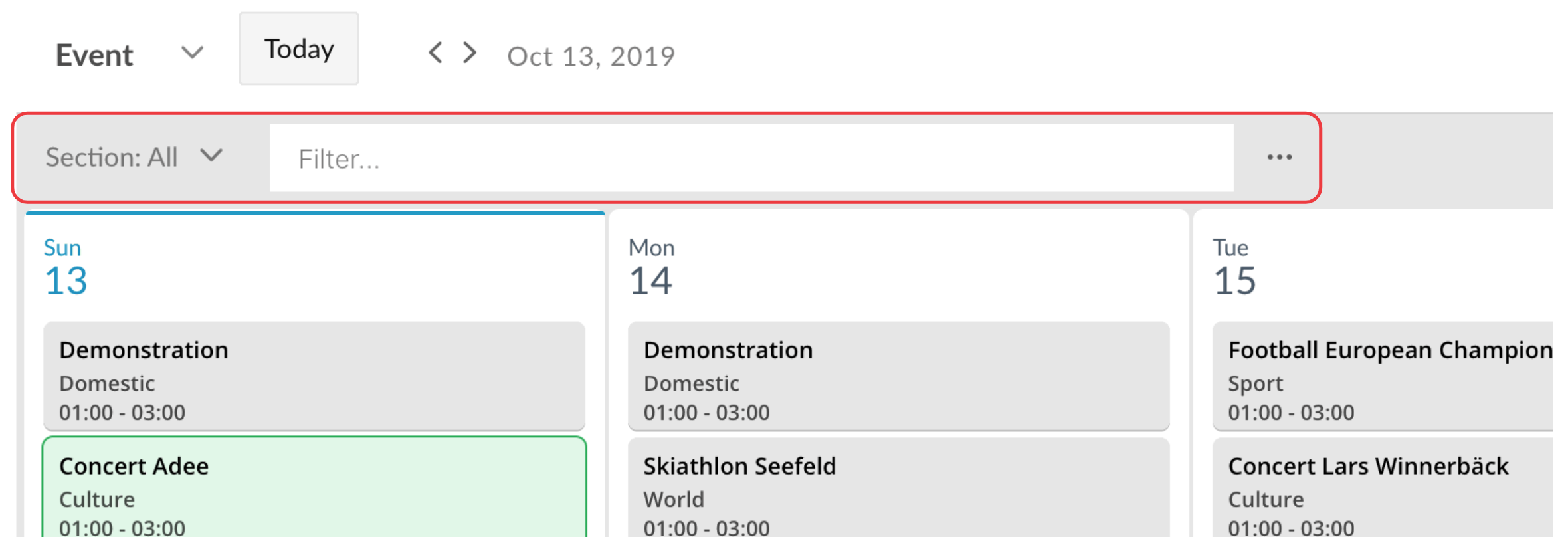 Filter function for the Event calendar view.